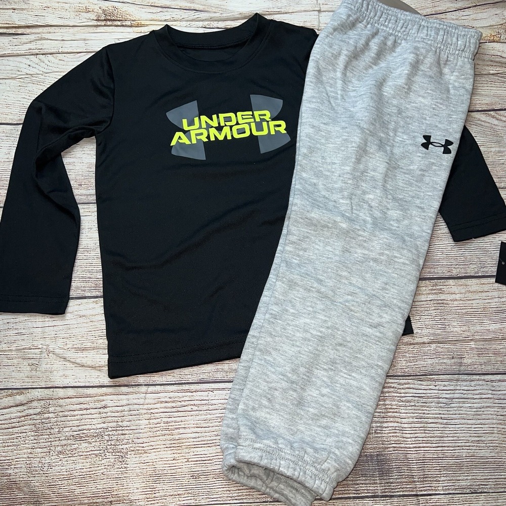 Under Armour Size 4 Neon Logo Black Long Sleeve Gray Sweatpants Set NEW